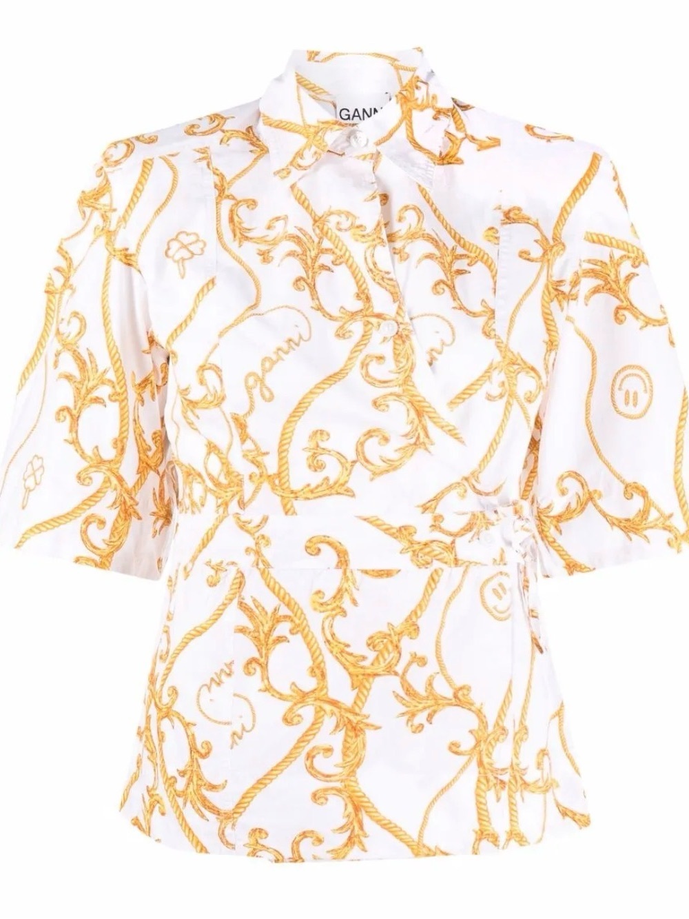 Ganni White & Gold Baroque Wrap-Style Blouse size 10-12